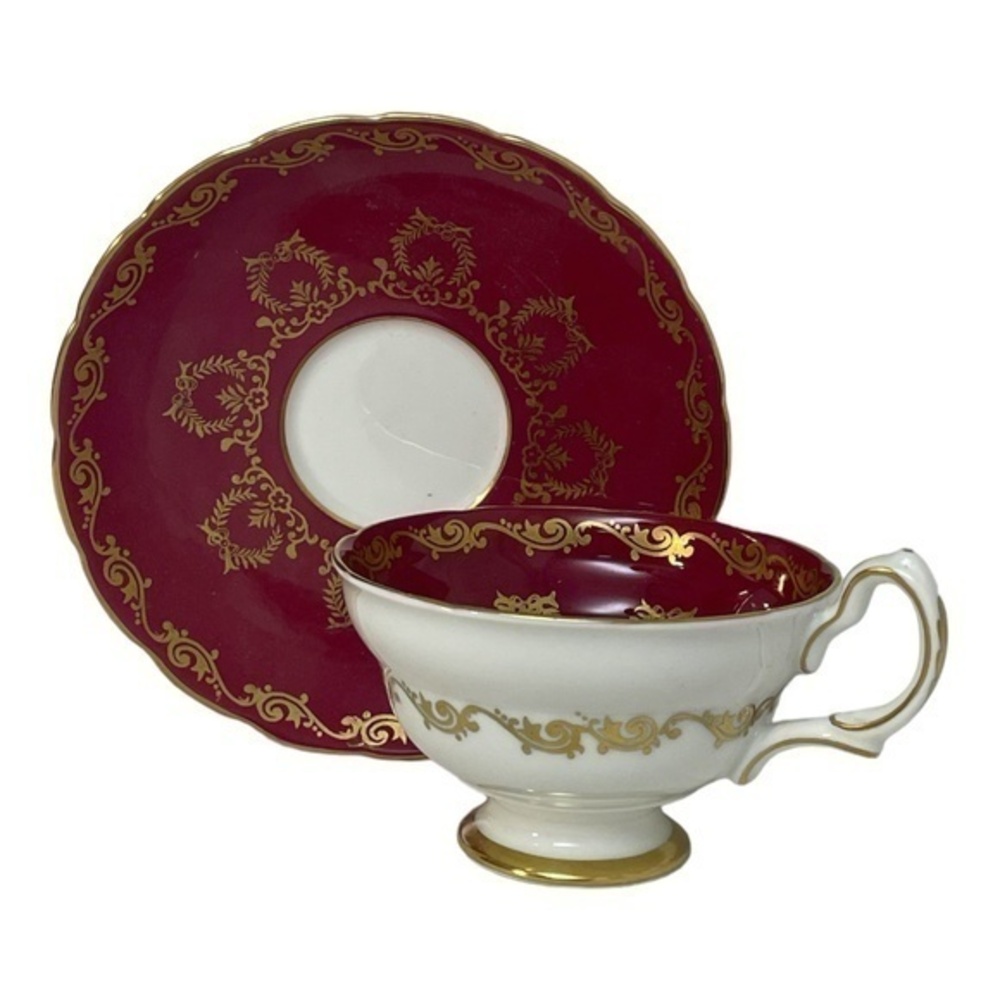 Vintage Grosvenor Cherry Red and Gold Tea cup and Saucer Birks Bone China